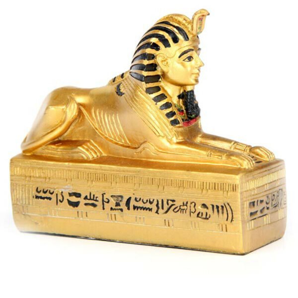 Home Decor~Gold Egyptian Sphinx Figurine On Hieroglyphic Base Ancient Decorative Ornament