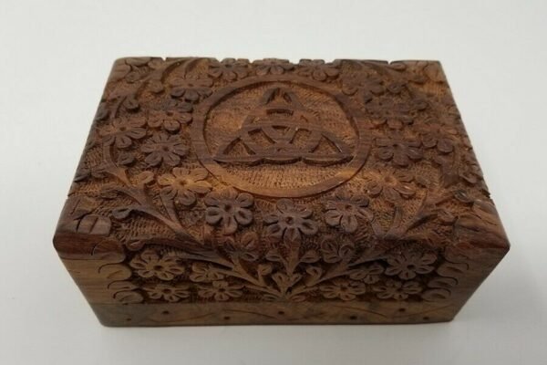 Palo Santo & Sage~New Triquetra Carved Wooden Floral Box Altar Wicca Pagan Jewelry Gift Box