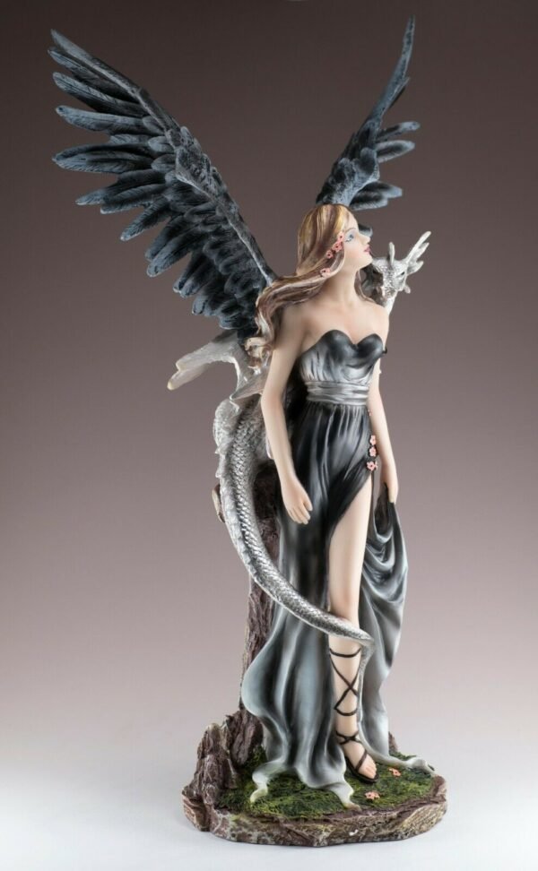 Fairy Collection~Gothic Black Angel Dark Fairy With White Dragon Figurine 16.75"H Resin Statue