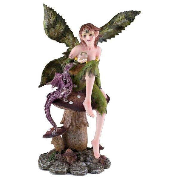 Fairy Collection~Green Fairy With Dragon and Crystal Ball On Mushroom Figurine 8.75" High Statue