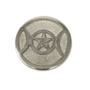 Witchcraft~Silver Tone Triple Moon Pentagram Pentacle Altar Tile Plate 3.5" Pagan Wicca