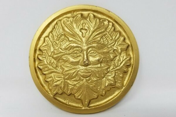 Wicca & Paganism~Solid Brass GREEN MAN Altar Tile Wicca Gold Finish 3.5" Round