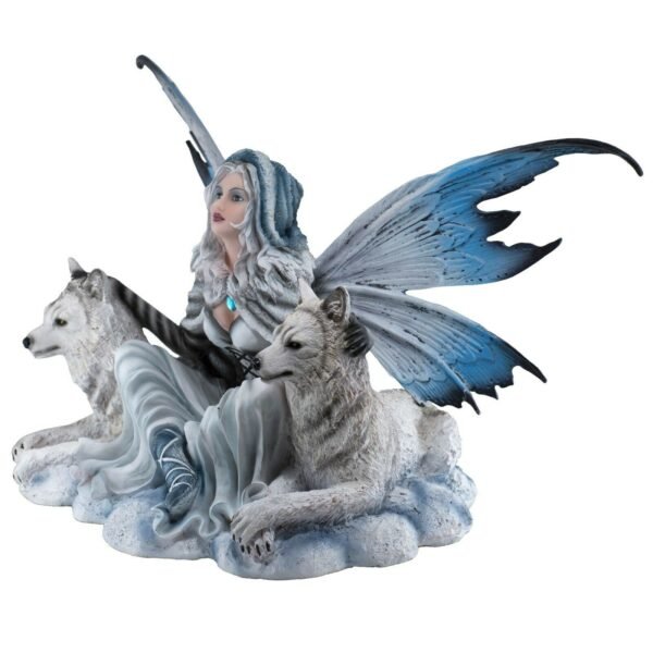 Fairy Collection~Large Fairy With Pair of White Wolves Figurine Statue 18" Wingspan 11.75" High