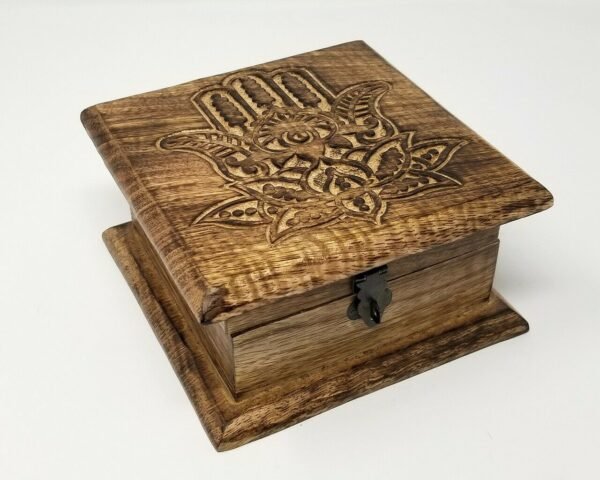 Wicca & Paganism~Lotus Hamsa Hand Wooden Carved Box, 4 x 6", Hand Carved, Brand New