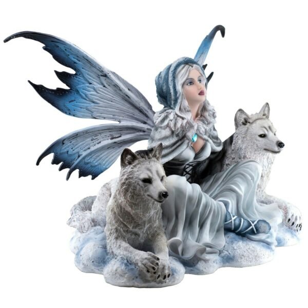 Fairy Collection~Large Fairy With Pair of White Wolves Figurine Statue 18" Wingspan 11.75" High