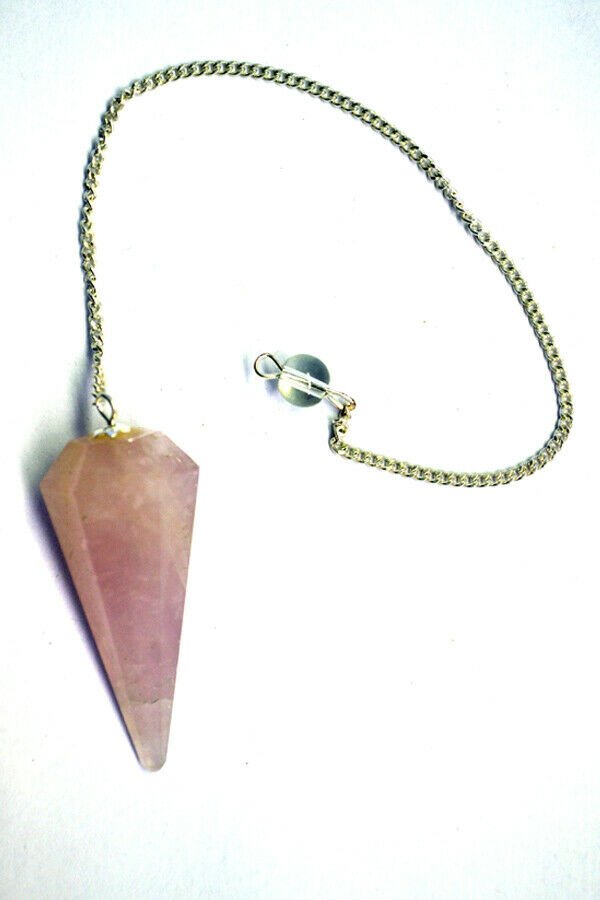 Magicun Stone~Rose Quartz Pendulum 2"L with Chain, Faceted (Natural Crystal Stone)