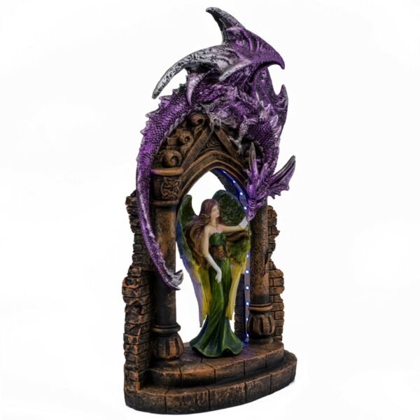Fairy Collection~Green Angel Fairy With Purple Dragon In LED Lit Arch Figurine Statue 15"H New!