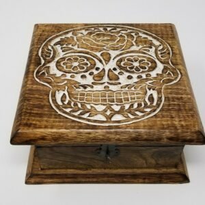 Wicca & Paganism~Skull Day of the Dead Wooden Carved Box, 4 x 6", Hand Carved, Brand New
