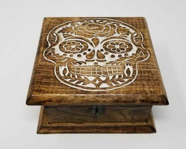 Wicca & Paganism~Skull Day of the Dead Wooden Carved Box, 4 x 6", Hand Carved, Brand New