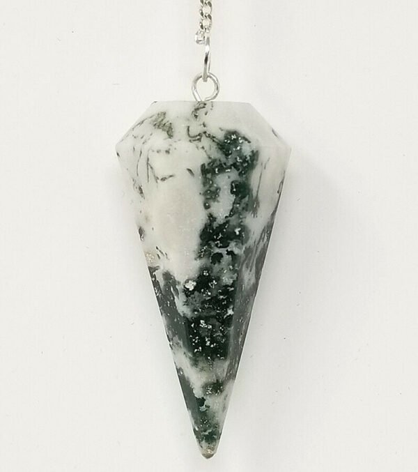 Magicun Stone~Tree Agate Pendulum with Chain, Faceted (Natural Crystal Stone)