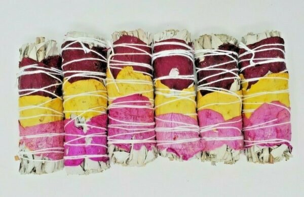 Palo Santo & Sage~5X California White Sage Smudge Sticks with Rose Petals 4" Negativity Removal