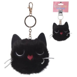 Home Decor~Fun Collectable Pom Pom Keyring Black Cat Bag Charm Keychain Split Ring Gift