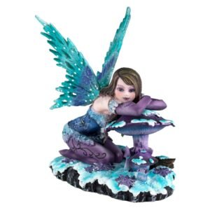 Fairy Collection~Blue and Purple Fairy On Mushroom In Snow Figurine 5.5" High Detailed Resin NIB