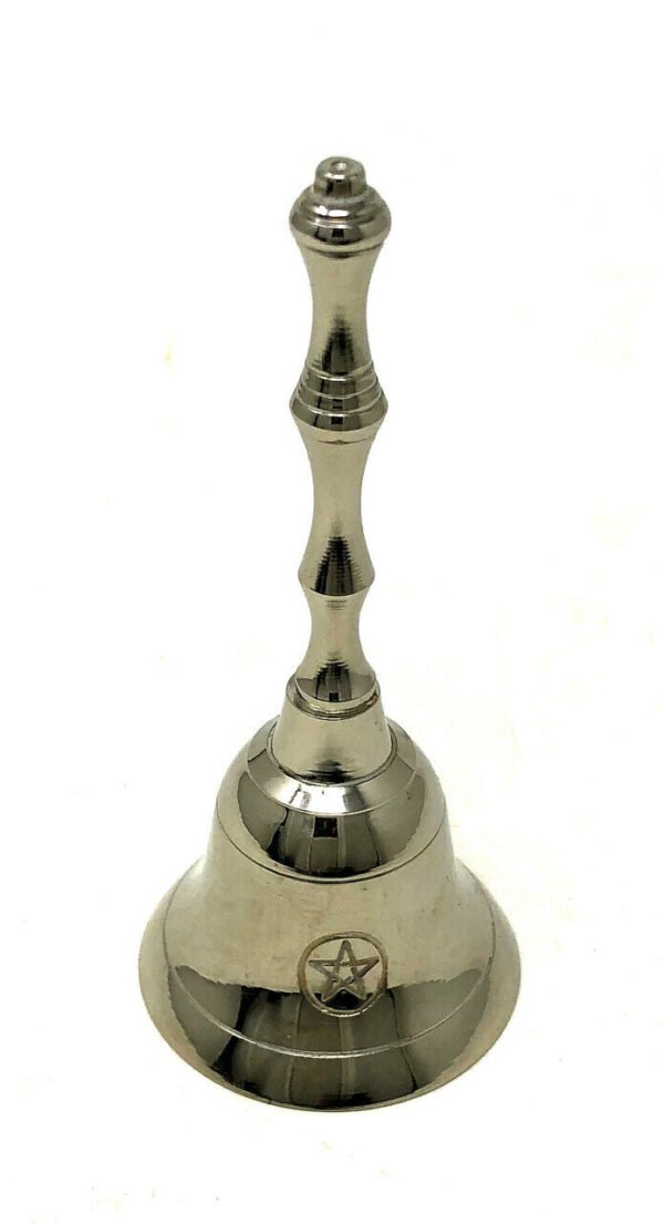 Witchcraft~Silver Tone Brass Altar Bell Pentacle Pentagram 5" Wicca