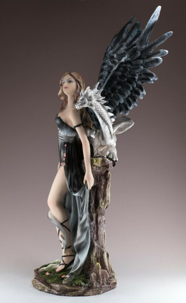 Fairy Collection~Gothic Black Angel Dark Fairy With White Dragon Figurine 16.75"H Resin Statue