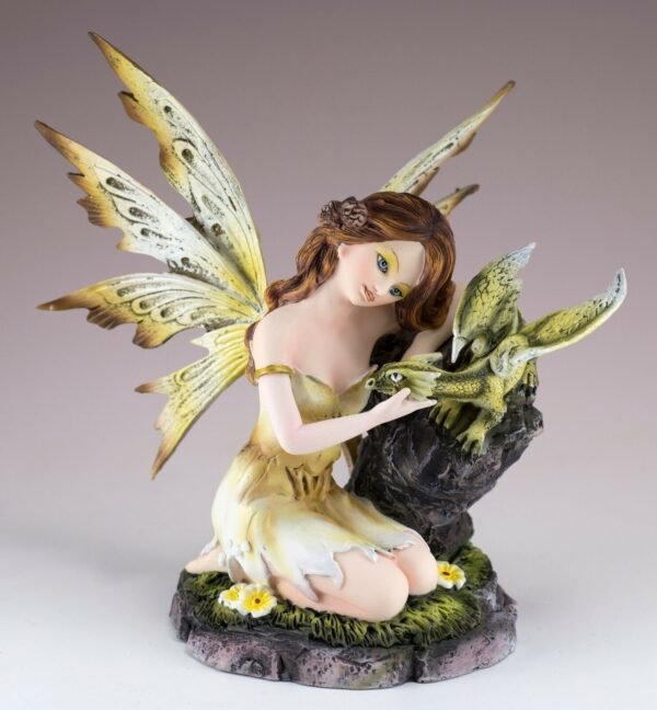 Fairy Collection~Yellow Fairy Figurine With Green Dragon 6" High Detailed Resin New In Box!