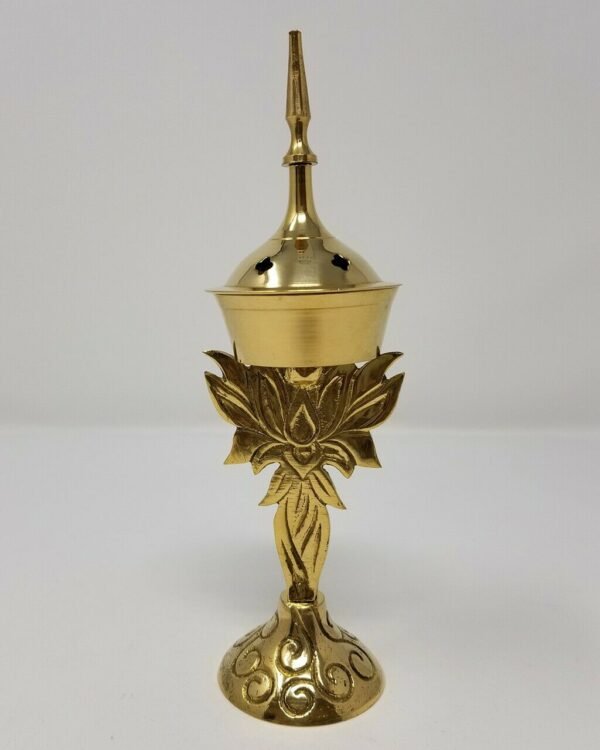 Home Fragrances ~NEW Lotus Brass Cone Burner Tower 7.5"H  Standing Incense Charcoal Burner