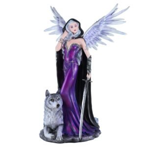 Fairy Collection~Dark Gothic Angel With Wolf Figurine Statue 17.5" High Winged Fairy Warrior New