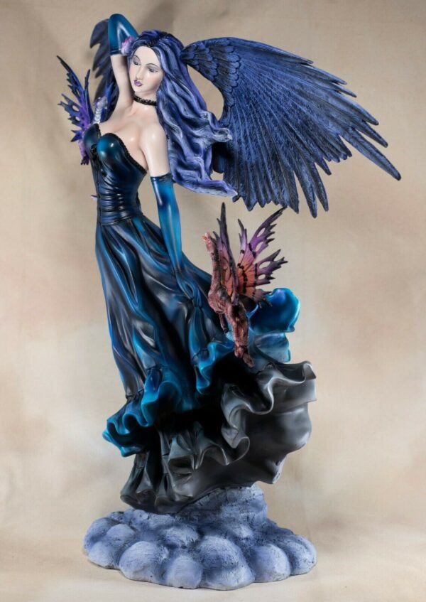 Fairy Collection~Dark Blue Fairy With Two Flying Dragons Figurine Statue 21.25" High Resin New!