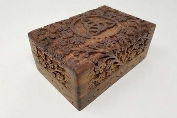Palo Santo & Sage~New Triquetra Carved Wooden Floral Box Altar Wicca Pagan Jewelry Gift Box