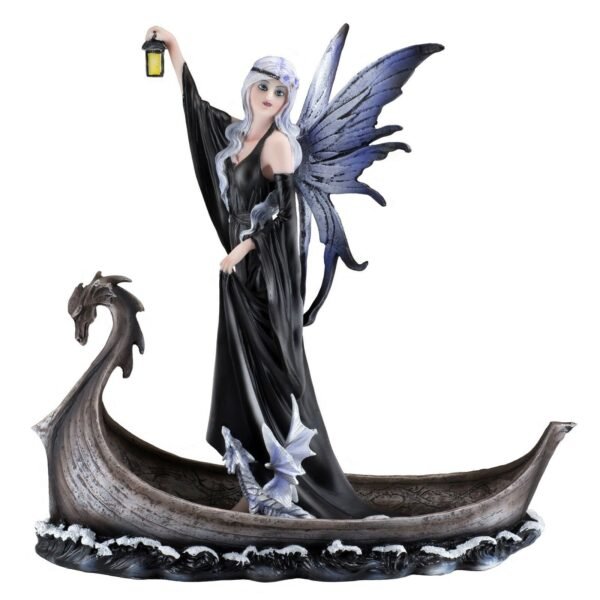 Fairy Collection~Gothic Black Fairy With Dragon In Boat Holding Lantern Figurine 10.75"H Statue