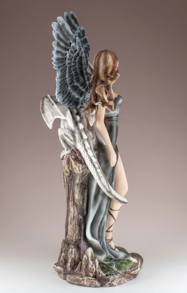 Fairy Collection~Dark Angel Fairy With White Dragon Figurine Statue Feathered Wings 14.75"H New