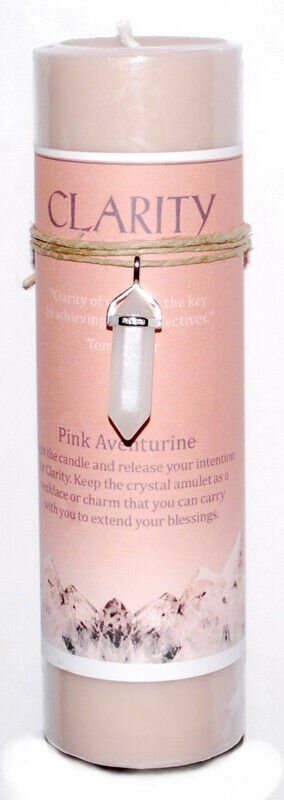 Magic Candle~Clarity 6-1/2" x 2" Pillar Candle with Pink Aventurine Crystal Point Pendant