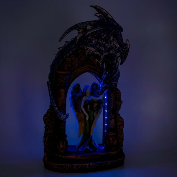 Fairy Collection~Green Angel Fairy With Purple Dragon In LED Lit Arch Figurine Statue 15"H New!