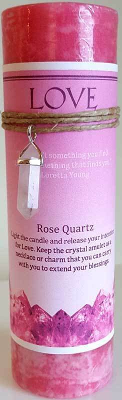 Magic Candle~Love 6-1/4" Handmade Ritual Pillar Candle with Rose Quartz Crystal Point Charm