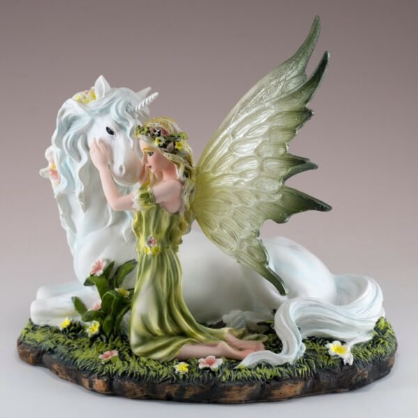 Fairy Collection~Green Fairy With Unicorn Laying In Grass Figurine Statue 7" Long Resin New!