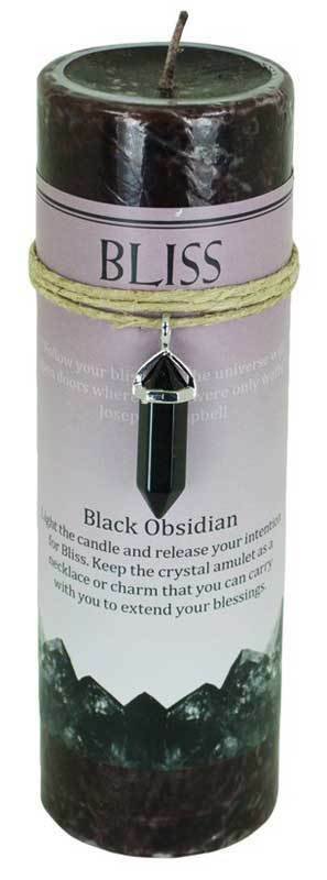 Magic Candle~Bliss Pillar Candle 6-1/4" w/ Black Obsidian Crystal Point Healing Amulet Charm