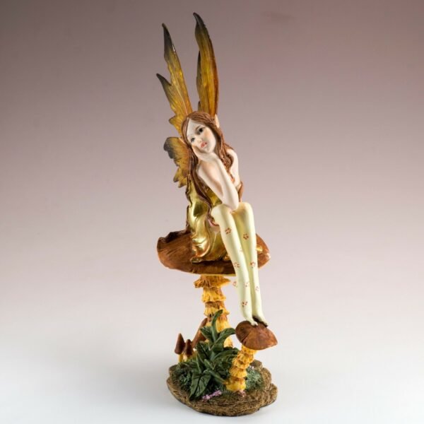 Fairy Collection~Golden Fairy On Mushroom Figurine Statue 9" High Clear Wings Resin New In Box!