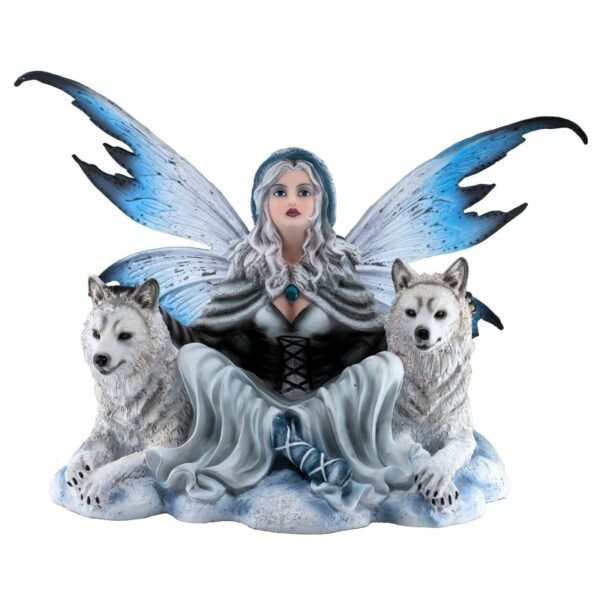 Fairy Collection~Large Fairy With Pair of White Wolves Figurine Statue 18" Wingspan 11.75" High