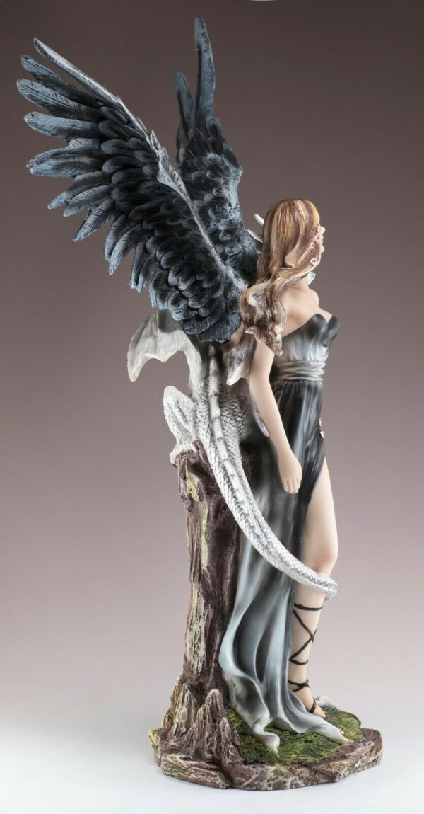 Fairy Collection~Gothic Black Angel Dark Fairy With White Dragon Figurine 16.75"H Resin Statue