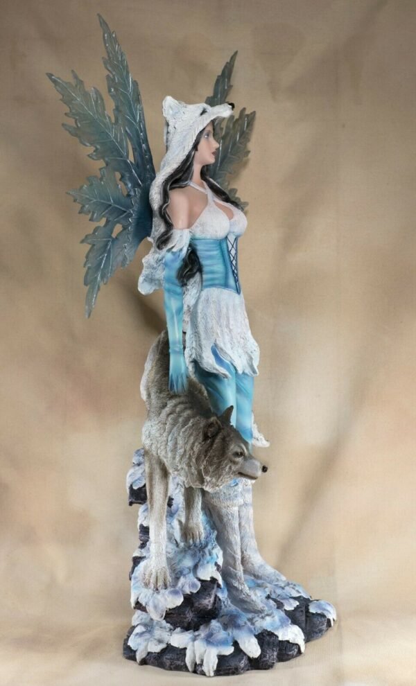 Fairy Collection~Large Scale Blue Winter Fairy With Wolf Figurine 25" High Resin Statue New!