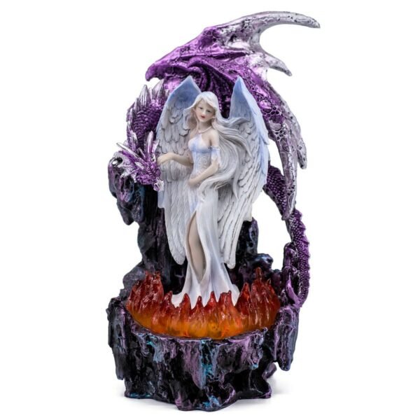 Fairy Collection~White Angel Fairy With Purple Dragon In LED Flames Figurine Statue 10"H New!