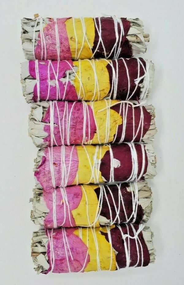 Palo Santo & Sage~10X California White Sage Smudge Sticks with Rose Petals 4" Negativity Removal