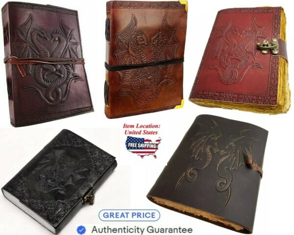 Home Decor~DOUBLE DRAGON Leather Journals Handmade Deckle Book Blank Notebook Bound Diary