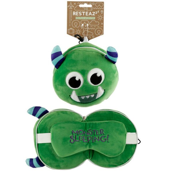 Home Decor~RESTEAZZZ GREEN MONSTARZ SUPER SOFT PLUSH TRAVEL CUSHION PILLOW & EYE MASK