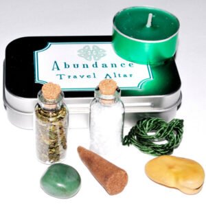 Magic Candle~Abundance Mini-Altar Travel Tin Kit: Candle Herbs Crystals Stones Spell Bottles