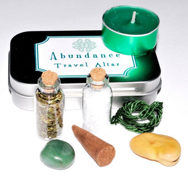 Magic Candle~Abundance Mini-Altar Travel Tin Kit: Candle Herbs Crystals Stones Spell Bottles