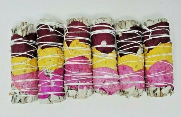 Palo Santo & Sage~5 Pack California White Sage Smudge Sticks w/ Rose Petals 4" Negativity Removal