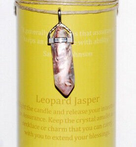 Magic Candle~Assurance 6-1/2" x 2" Pillar Candle with Leopard Jasper Crystal Point Pendant