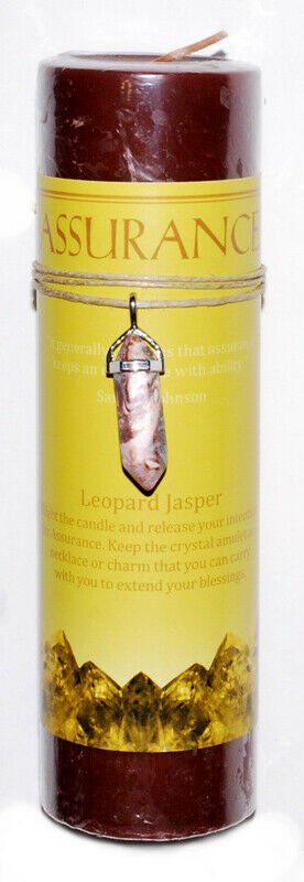 Magic Candle~Assurance 6-1/2" x 2" Pillar Candle with Leopard Jasper Crystal Point Pendant