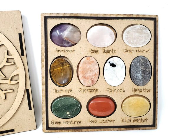 Wicca & Paganism~Tree of Life Worry Gemstone Oval Stones 10 Pc Set w/Box, New Item