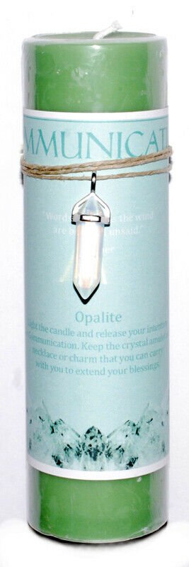 Magic Candle~Communication 6-1/2" x 2" Pillar Candle with Opalite Stone Crystal Point Pendant