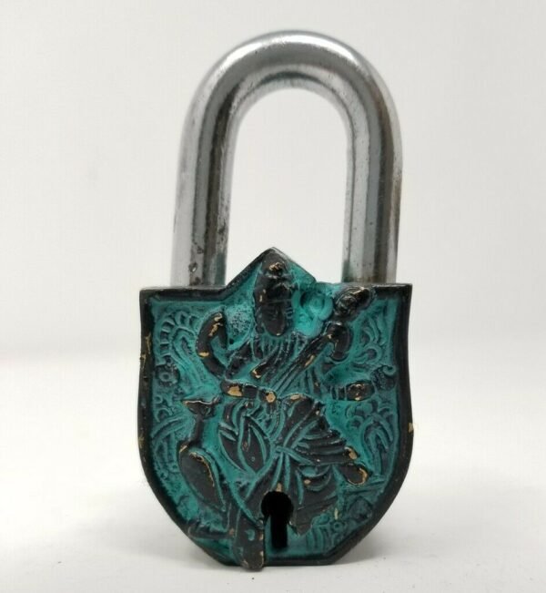 Hinduism Statues & Figures~Goddess Saraswati Antique Brass Lock 3.5"H 1.75"W (Antique Brass Patina Finish)