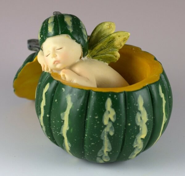 Fairy Collection~Baby Fairy Sleeping In Green Pumpkin Shell Figurine 2.5" High Resin New In Box!