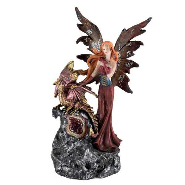 Fairy Collection~Red Fairy Figurine With Dragon On LED Faux Geode 8.5" High Resin Statue New