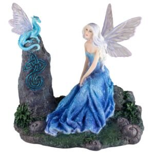 Fairy Collection~Blue Fairy With Dragon Sitting On Rock Figurine Statue 6.25" High New In Box
